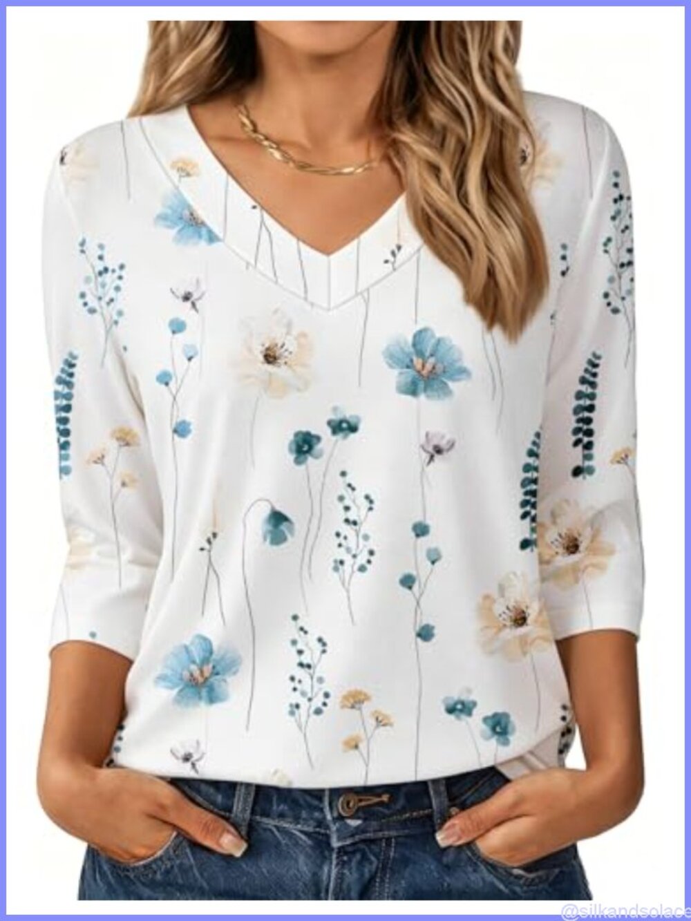 Womens Tunic Top 3/4 Sleeve V Neck Loose Fit Casual Shirt